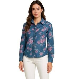 Guess Denim Floral Button Front Shirt Blue Pink Flowers Size Large100% Cotton